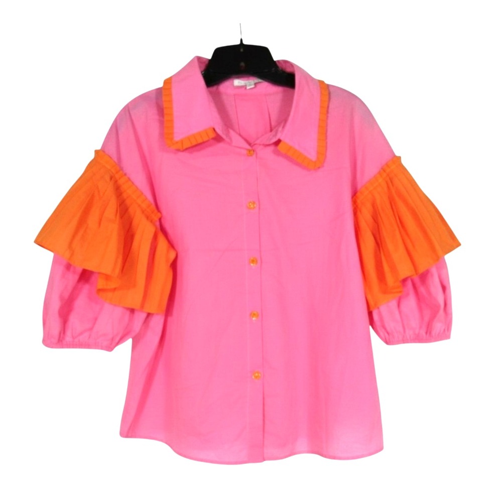KARLIE Twill COLORBLOCK Button-Up PLEATED TRIM Puff Sleeves BLOUSE/TOP Sz L